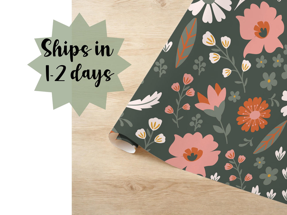 Forest Green Wildflower Wrapping Paper Floral Pattern Gift Wrap Special Occasion Nature Inspired Packaging Birthday Wedding Greenery Print