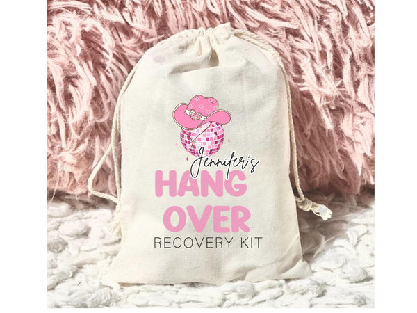 Personalized Bridal Party Hangover Kit Bag Custom Name Bachelorette Disco Pink Goodie Bag Birthday Trip Girls Recovery Kit Survival Cowgirl