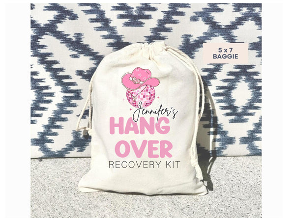 Personalized Bridal Party Hangover Kit Bag Custom Name Bachelorette Disco Pink Goodie Bag Birthday Trip Girls Recovery Kit Survival Cowgirl