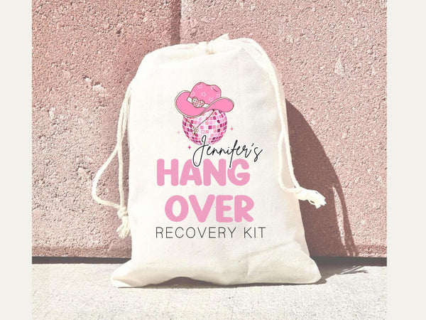 Personalized Bridal Party Hangover Kit Bag Custom Name Bachelorette Disco Pink Goodie Bag Birthday Trip Girls Recovery Kit Survival Cowgirl