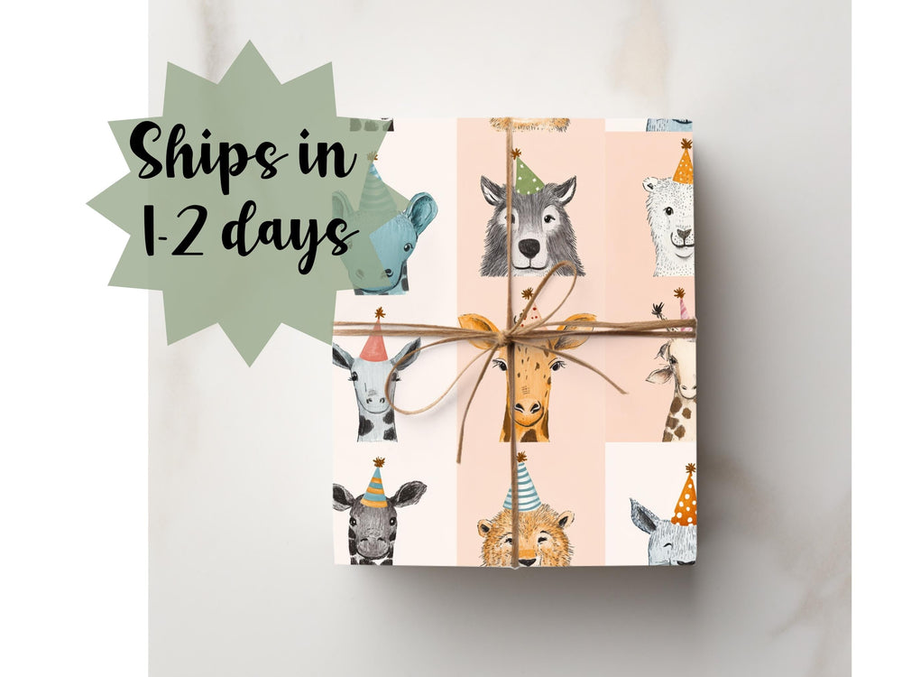 Safari Party Animal Wrapping Paper Cute Animal Funny Giraffe Bear Lion Tiger Watercolor Birthday Present Wrap Baby Shower