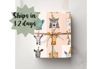 Safari Party Animal Wrapping Paper Cute Animal Funny Giraffe Bear Lion Tiger Watercolor Birthday Present Wrap Baby Shower