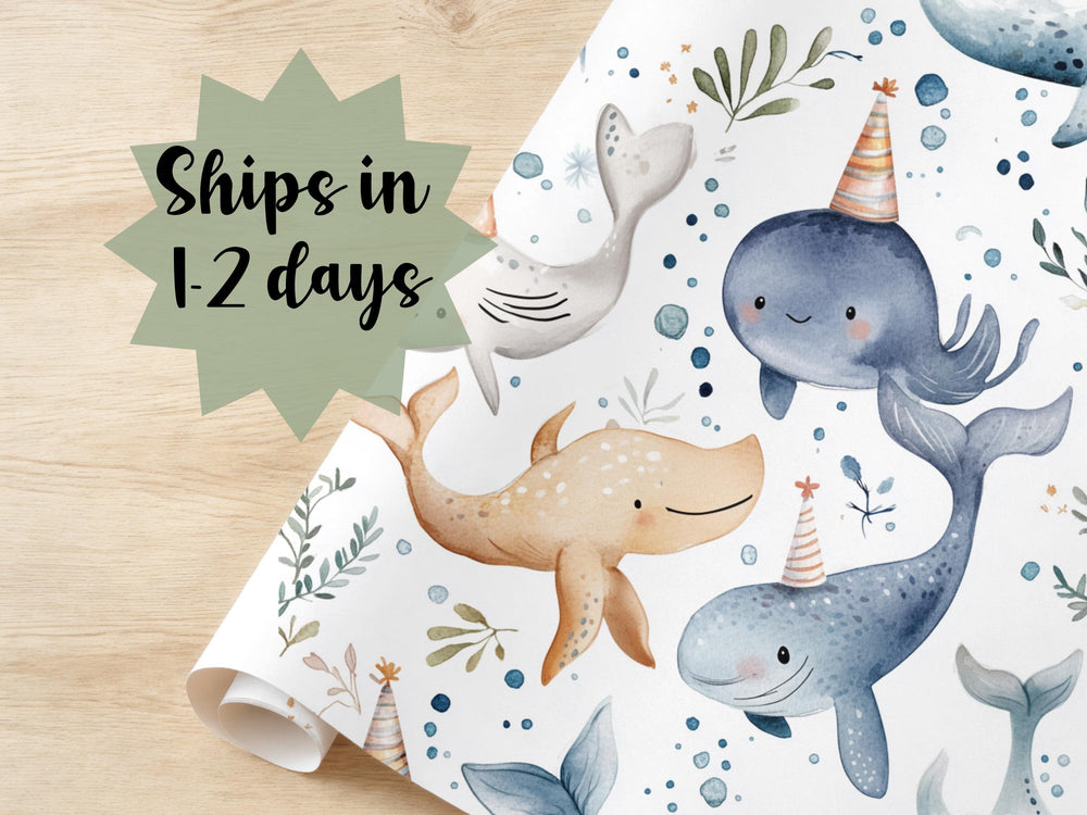 Sea Animal Wrapping Paper Cute Animal  Party Hat Funny Whale Dolphin Whimsical Watercolor Toddler Birthday Present Wrap Baby Shower
