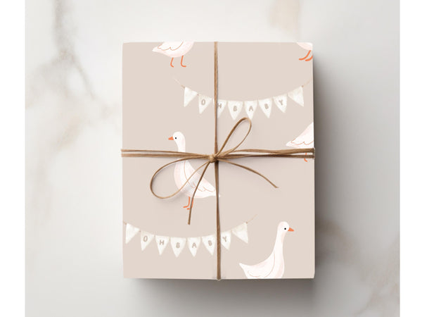 Oh Baby Boho Wrapping Paper Cute Duck Neutral Warm Tone Watercolor Birthday Present Wrap Baby Shower Whimsical New Baby Beige Tan