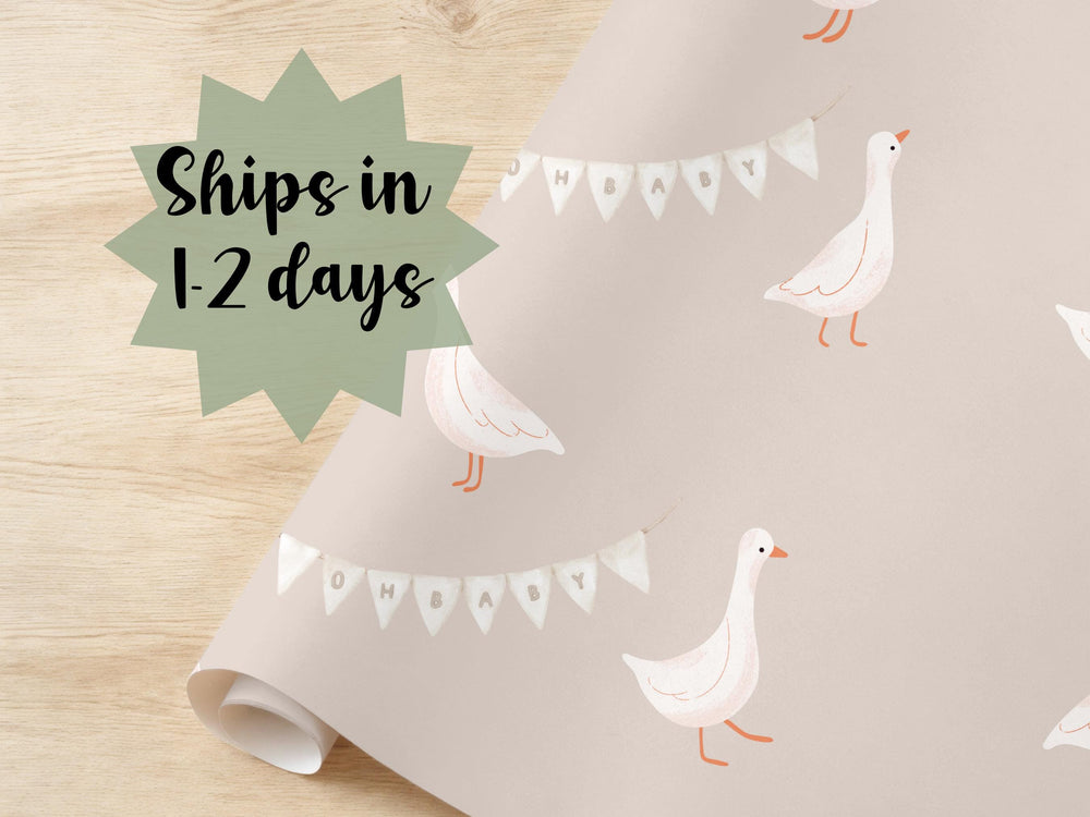 Oh Baby Boho Wrapping Paper Cute Duck Neutral Warm Tone Watercolor Birthday Present Wrap Baby Shower Whimsical New Baby Beige Tan
