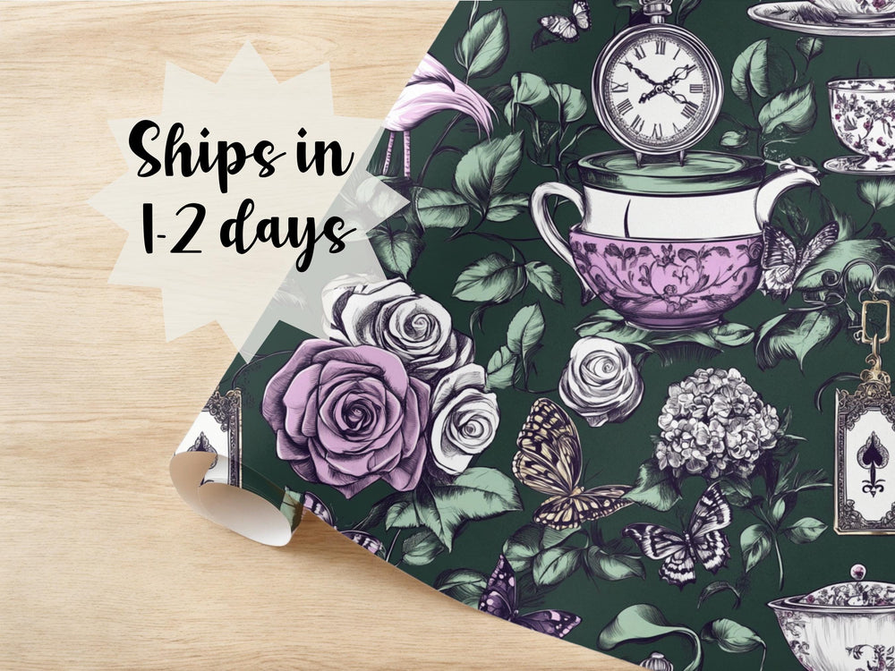 Alice in W Fairytale Wrapping Paper Mad Hatter Birthday Gift Queen of Heart White Rabbit Whimsical Rabbit Hole Clock Tea Party Dark Fantasy