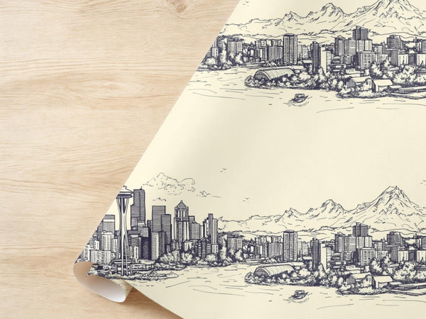 Seattle Gift Wrap Washington State Wrapping Paper Outline Moving to Washington Gift idea Pacific North West Skyline Drawing Landscape PNW