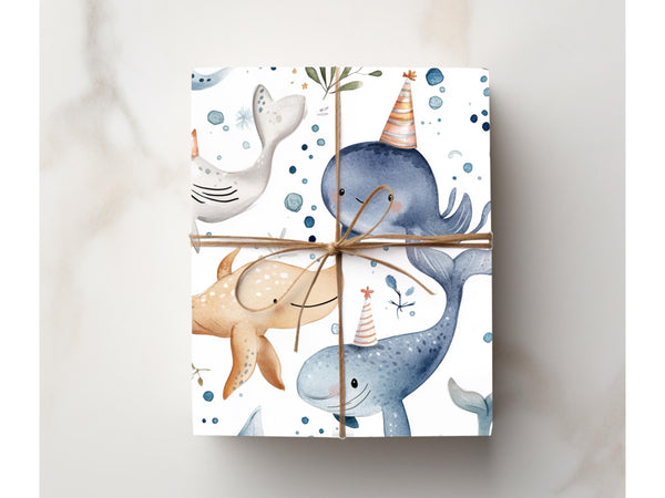 Sea Animal Wrapping Paper Cute Animal  Party Hat Funny Whale Dolphin Whimsical Watercolor Toddler Birthday Present Wrap Baby Shower