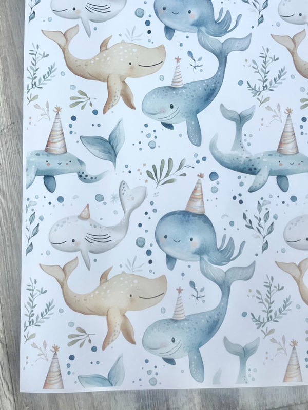Sea Animal Wrapping Paper Cute Animal  Party Hat Funny Whale Dolphin Whimsical Watercolor Toddler Birthday Present Wrap Baby Shower