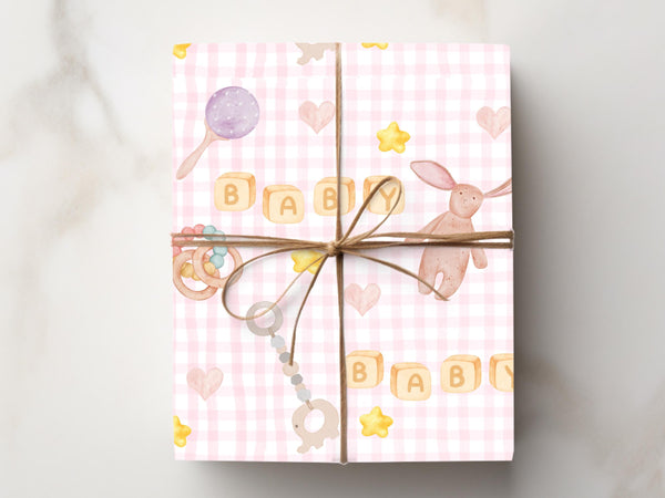 Gingham Wrapping Paper Baby Shower New Baby Girl Gift Wrap Paper Watercolor Baby Essentials Modern Soft Pink Hearts Star Surprise Baby