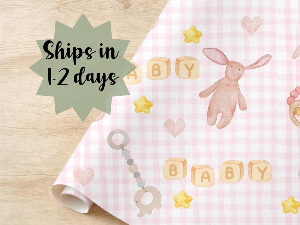 Gingham Wrapping Paper Baby Shower New Baby Girl Gift Wrap Paper Watercolor Baby Essentials Modern Soft Pink Hearts Star Surprise Baby