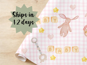 Gingham Wrapping Paper Baby Shower New Baby Girl Gift Wrap Paper Watercolor Baby Essentials Modern Soft Pink Hearts Star Surprise Baby