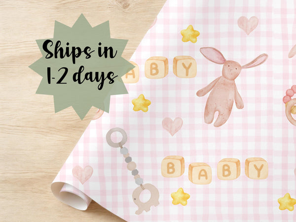 Gingham Wrapping Paper Baby Shower New Baby Girl Gift Wrap Paper Watercolor Baby Essentials Modern Soft Pink Hearts Star Surprise Baby