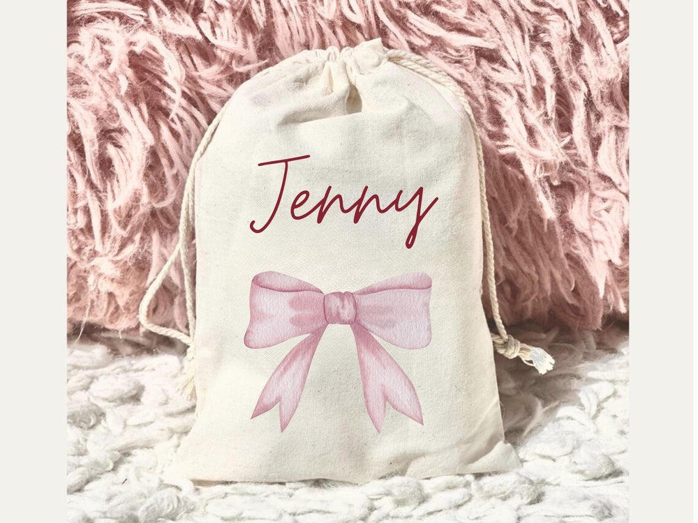 Personalized Name Coquette Bow Girl Birthday Party Baby Shower Bridesmaid Gift Bag Drawstring Canvas Muslin Bag 5x7 Custom Wording Present