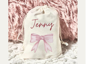 Personalized Name Coquette Bow Girl Birthday Party Baby Shower Bridesmaid Gift Bag Drawstring Canvas Muslin Bag 5x7 Custom Wording Present