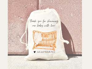 Personalized Baby Shower Favor Ideas Thank You for Showing Our Baby Love Gift Whimsical Favor Bag Drawstring Canvas Bulk Custom Parent Name