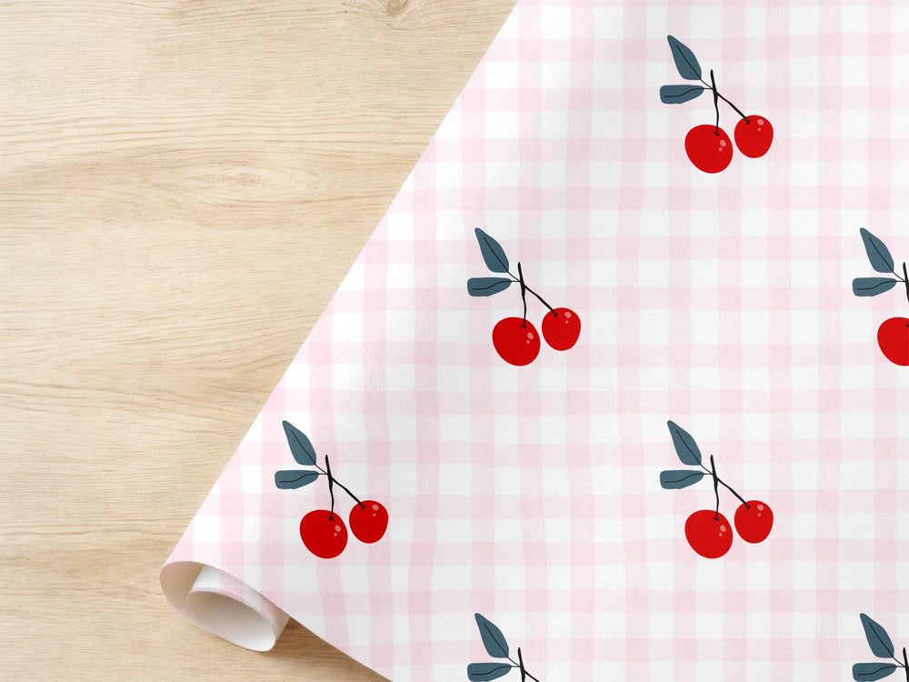 Cherry Pattern Pink Gingham Wrapping Paper Cherry Red Summer Picnic Gift Wrap Girly Baby Shower Fruit Theme Party Bridal Shower Roommate