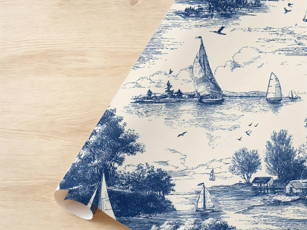 Maritime Wrapping Paper Blue Tone Beach Core Sail Boat Beach House Nostalgia Bird Nature Vintage Beach Core Cape Cod Theme Gift Wrap Village