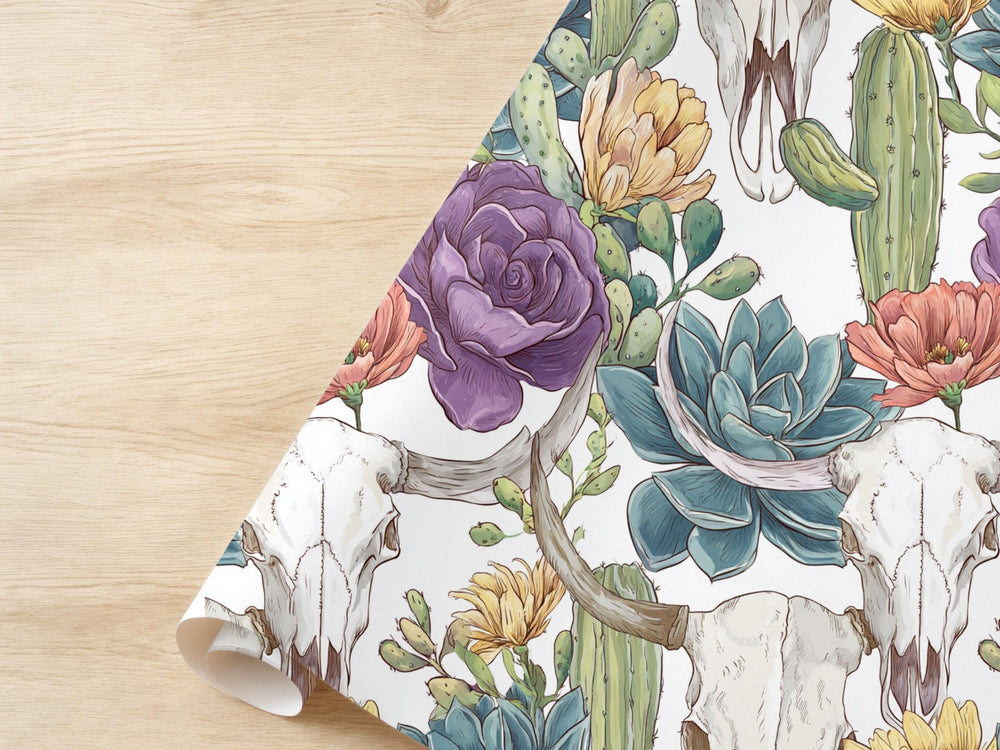 Desert Theme Wrapping Paper Cactus Skull Succulent Texas Theme Arizona Watercolor Wedding Western Bridal Shower Bull Purple Sage Green