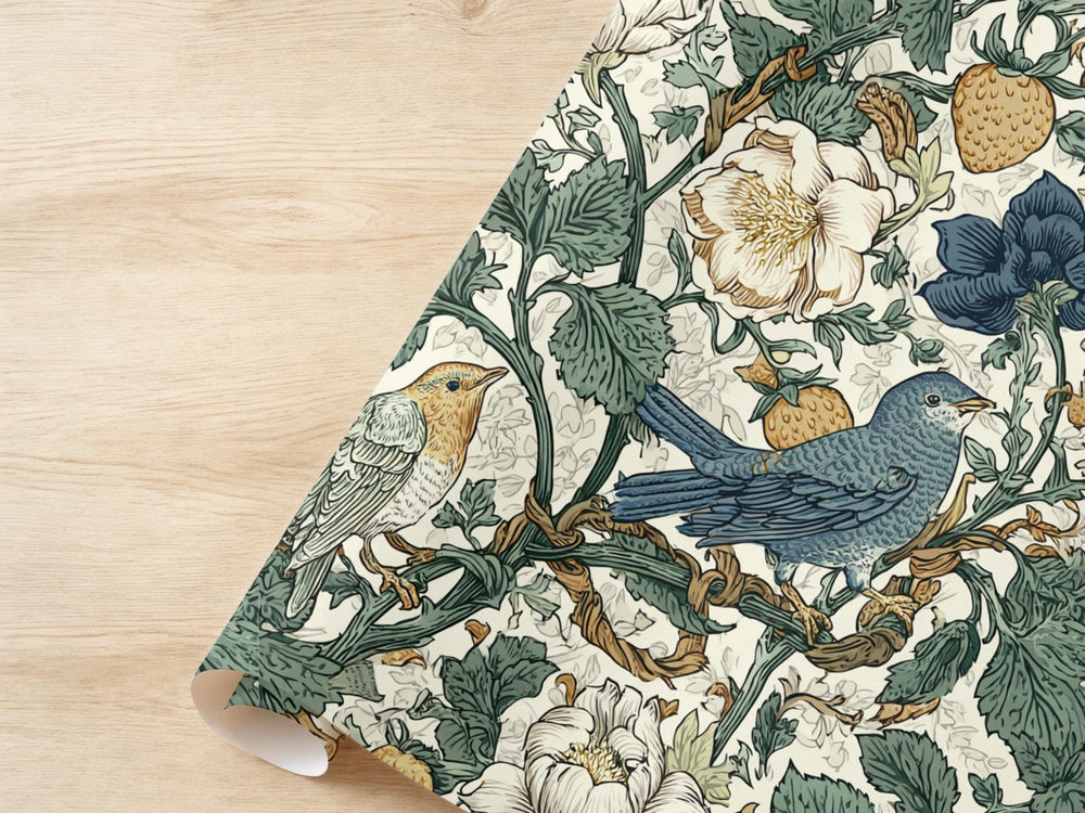 Cottage Core Wrapping Paper Whimsical Fruit Pattern Bird Tree Vine Floral Gift Wrap Forest Core Bridal Shower Strawberry Anniversary