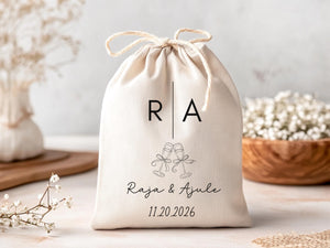 Custom Wedding Favor Kit Bag Drawstring Name Initial Bridal Shower Favor Bag Bridesmaid Gift Idea Wedding Kid Favor Wedding Date Champagne