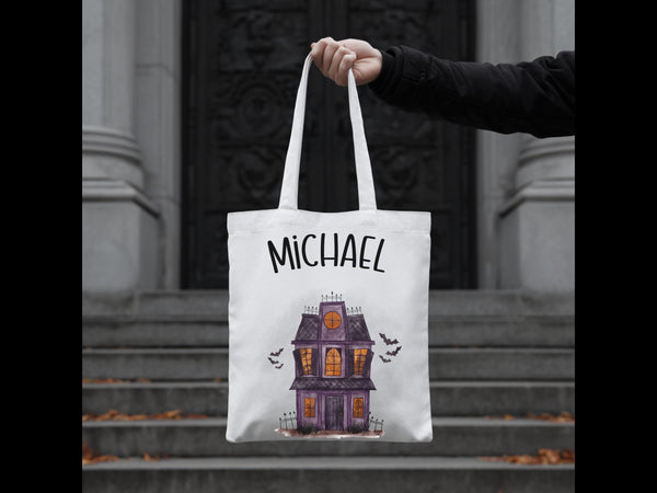 Custom Trick or Treat Tote Bag Name Personalized Halloween Goodie Bag for Kid Matching Cousin Holiday Bag Reusable Eco Friendly Candy Bag