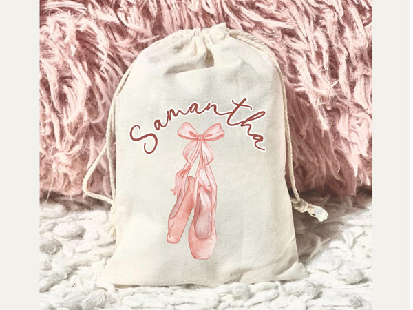Personalized Ballet Name Coquette Bow Girl Birthday Party Ballerina Gift Bag Drawstring Canvas Muslin Bag 5x7 Custom Wording Present