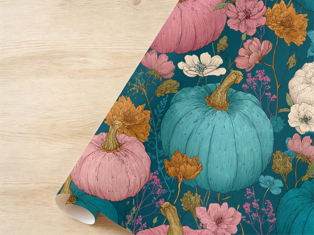 Line Art Colorful Wrapping Paper Fall Gift Wrap Halloween Autumn Theme Birthday October Packaging Roll Pumpkin Illustration Pink Eclectic