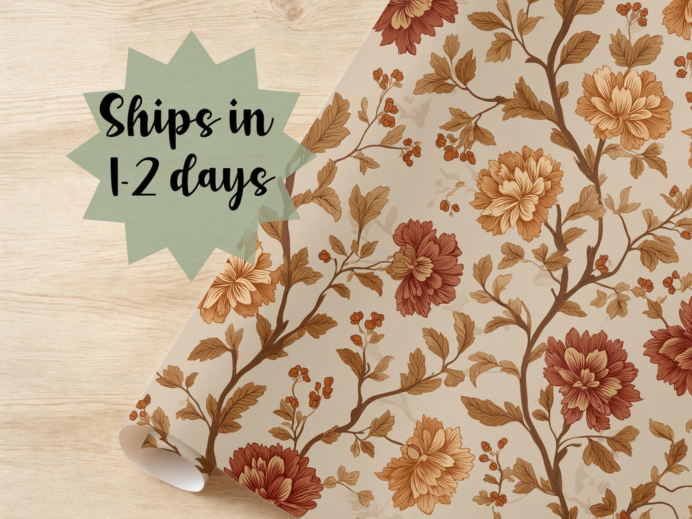 Cottage Core Wrapping Paper Fall Wrap Halloween Autumn Theme Vintage Inspired October Packaging Roll Floral Stem Terracotta Flower Leaves