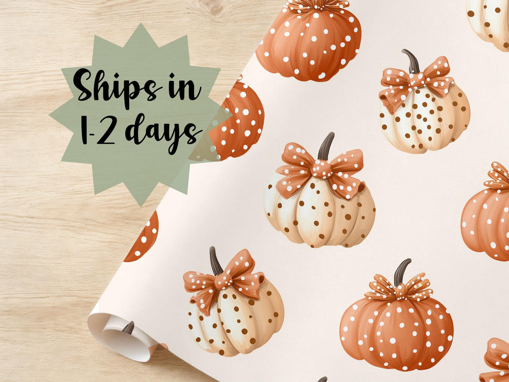 Cute Whimsical Wrapping Paper Fall Gift Wrap Halloween Autumn Theme Birthday Cute October Packaging Roll Polka Dot Pumpkin Fun Bday Wrap