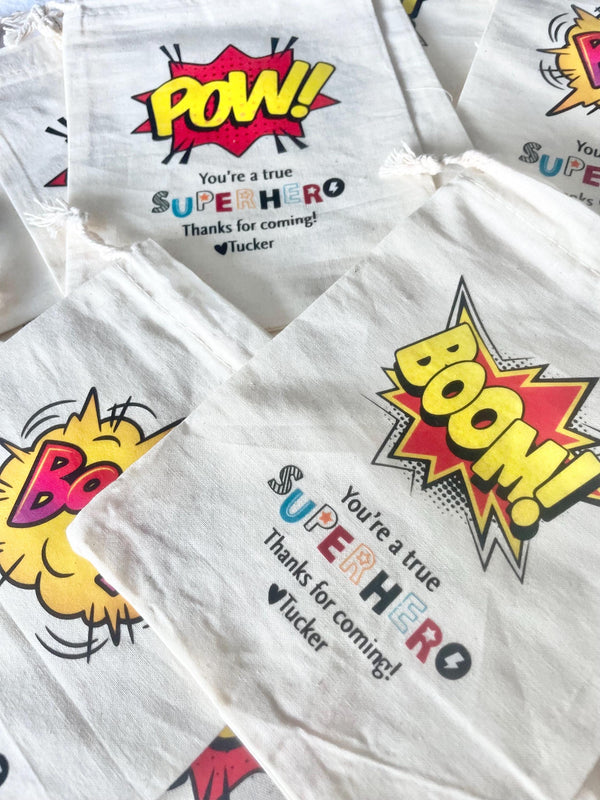 Custom Superhero Birthday Bag Favor Muslin Canvas Kit Eco Friendly Earth Party Bag for Kid Party Spider Man batman Marvel Theme Personalized