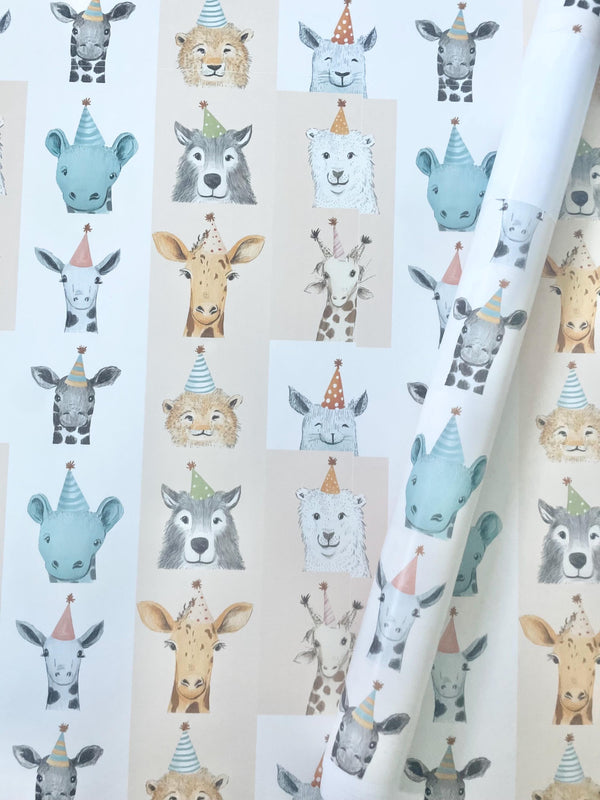 Safari Party Animal Wrapping Paper Cute Animal Funny Giraffe Bear Lion Tiger Watercolor Birthday Present Wrap Baby Shower