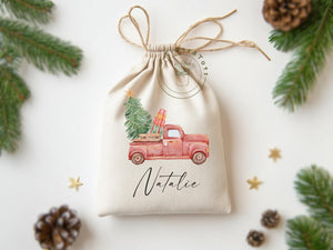 Custom Name Christmas Drawstring Bag Reusable Favor Bag Birthday Watercolor Tree Classroom Holiday Gift Bag Personalized Kid Name Wastefree