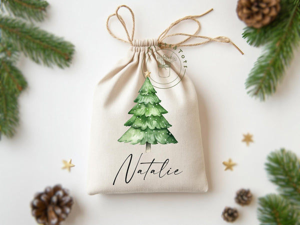 Custom Name Christmas Drawstring Bag Whimsical Elegant Favor Bag Birthday Santa Xmas Tree Classroom Favor Classmate Teacher Gift Holiday