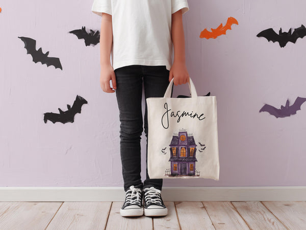 Custom Trick or Treat Tote Bag Name Personalized Halloween Goodie Bag for Kid Matching Cousin Holiday Bag Reusable Eco Friendly Candy Bag