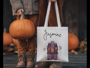 Custom Trick or Treat Tote Bag Name Personalized Halloween Goodie Bag for Kid Matching Cousin Holiday Bag Reusable Eco Friendly Candy Bag
