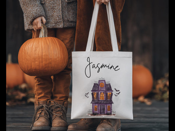 Custom Trick or Treat Tote Bag Name Personalized Halloween Goodie Bag for Kid Matching Cousin Holiday Bag Reusable Eco Friendly Candy Bag