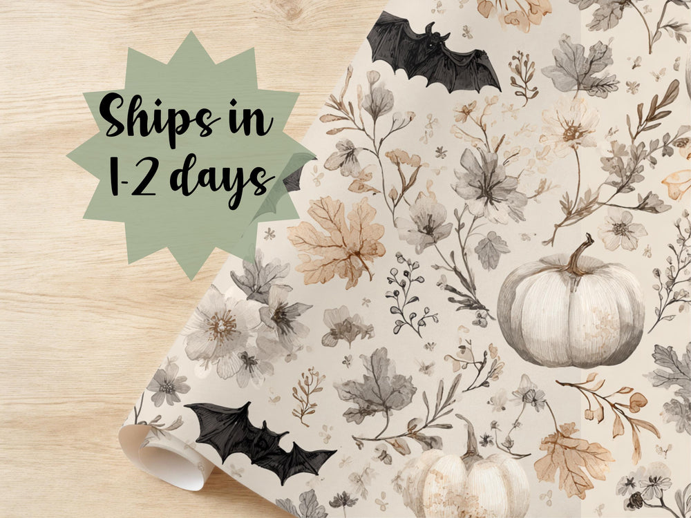 Cute Kid Theme Wrapping Paper Fall Gift Wrap Halloween Autumn Theme Birthday Packaging Roll Bat Floral Pumpkin Light Color Watercolor