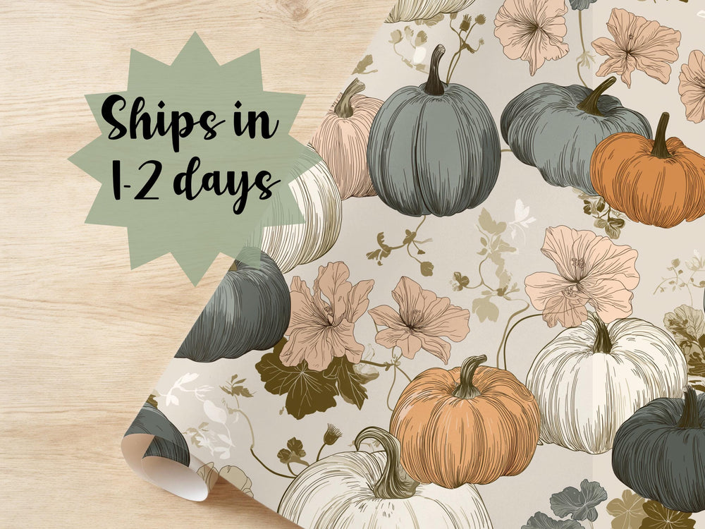Elegant Wrapping Paper Fall Gift Wrap Halloween Flower Autumn Theme Birthday Cute October Packaging Roll Floral Pumpkin Drawn Earth Tone