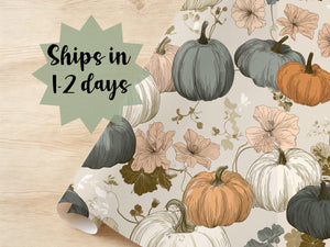 Elegant Wrapping Paper Fall Gift Wrap Halloween Flower Autumn Theme Birthday Cute October Packaging Roll Floral Pumpkin Drawn Earth Tone
