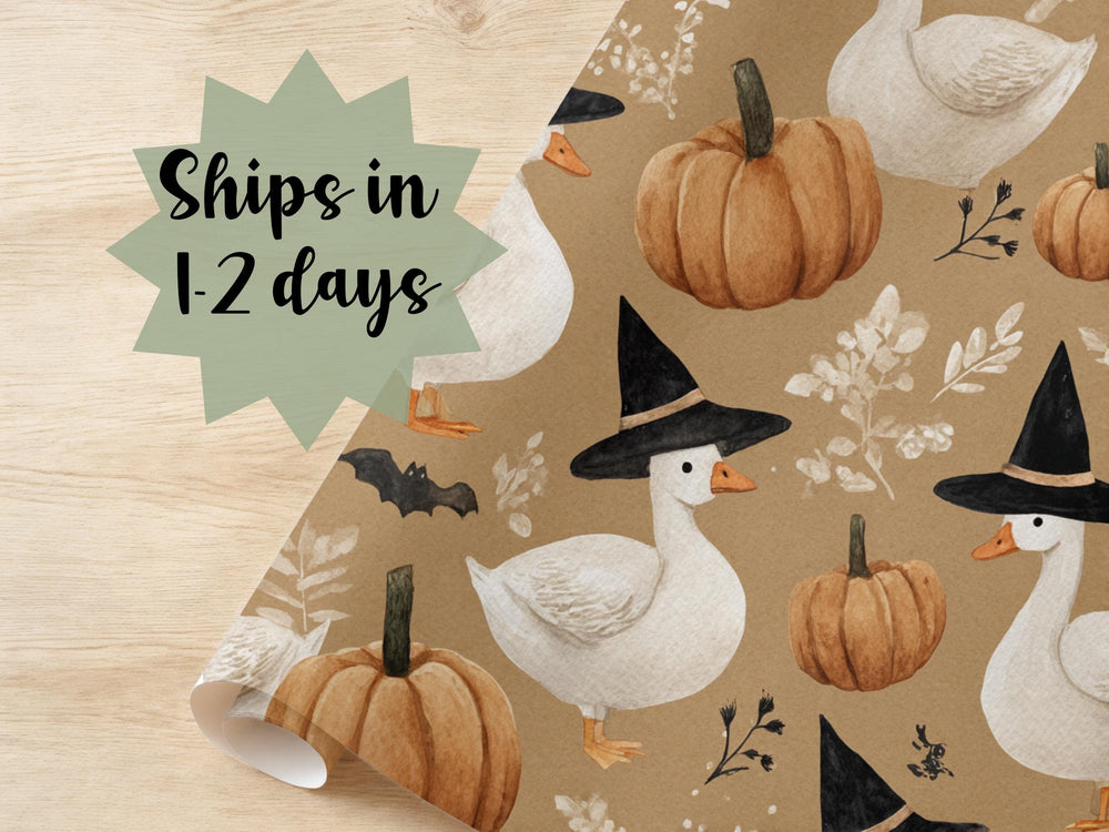 Cute Goose Wrapping Paper Fall Gift Wrap Halloween Baby Shower Birthday Cute October Packaging Roll Witch Hat Pumpkin Floral Warn Tone