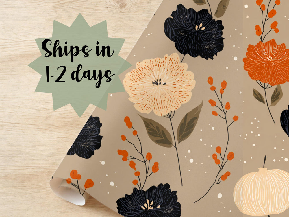 Watercolor Dark Floral Wrapping Paper Fall Gift Wrap Halloween Autumn Theme Birthday Cute October Packaging Roll Flower Cottage Core Black