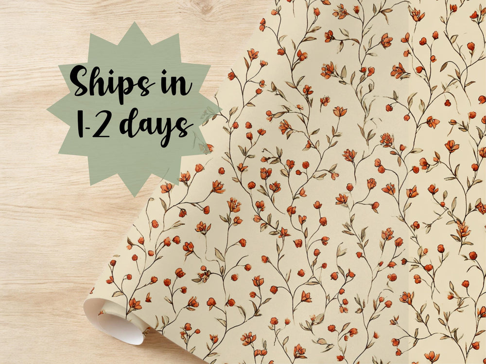 Tiny Stem Wrapping Paper Fall Gift Wrap Halloween Autumn Theme Birthday October Packaging Roll Red Floral Print Design Anniversary Wedding