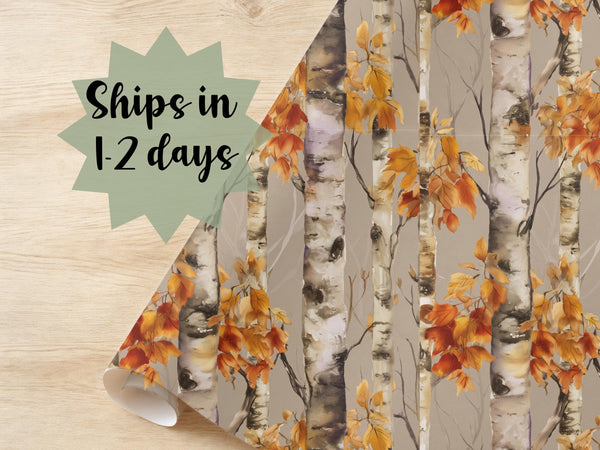 Birch Tree Wrapping Paper Fall Gift Wrap Halloween Autumn Leave Birthday Cute October Packaging Roll Earth Tone Forest Nature September