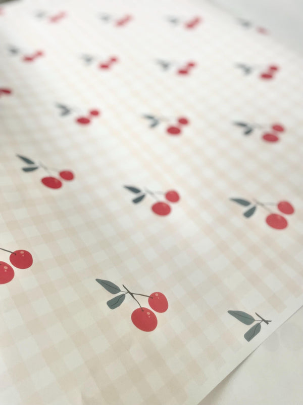 Cherry Pattern Pink Gingham Wrapping Paper Cherry Red Summer Picnic Gift Wrap Girly Baby Shower Fruit Theme Party Bridal Shower Roommate