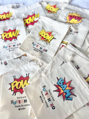 Custom Superhero Birthday Bag Favor Muslin Canvas Kit Eco Friendly Earth Party Bag for Kid Party Spider Man batman Marvel Theme Personalized