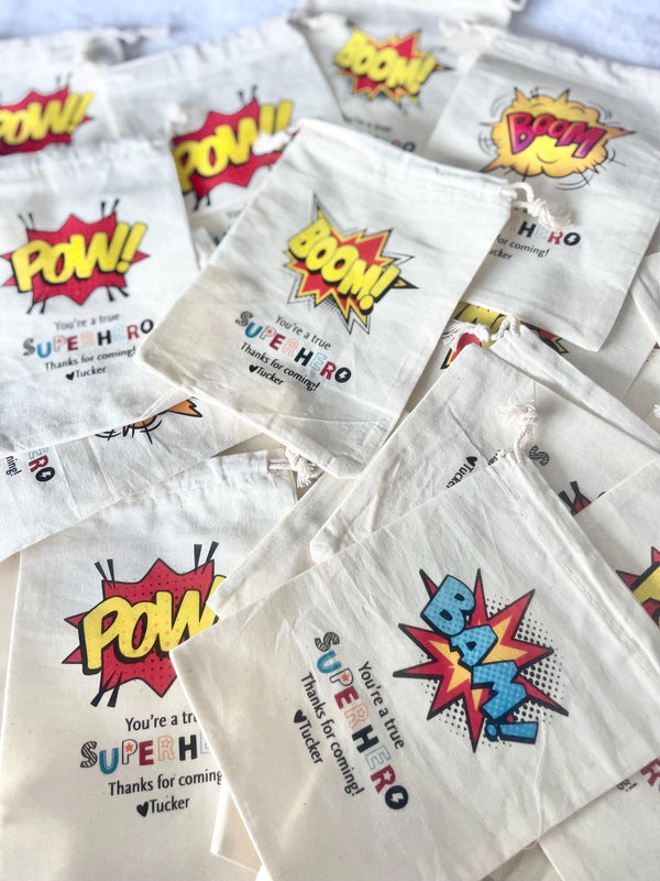 Custom Superhero Birthday Bag Favor Muslin Canvas Kit Eco Friendly Earth Party Bag for Kid Party Spider Man batman Marvel Theme Personalized