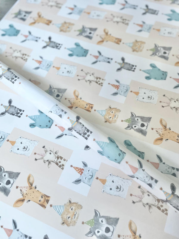 Safari Party Animal Wrapping Paper Cute Animal Funny Giraffe Bear Lion Tiger Watercolor Birthday Present Wrap Baby Shower