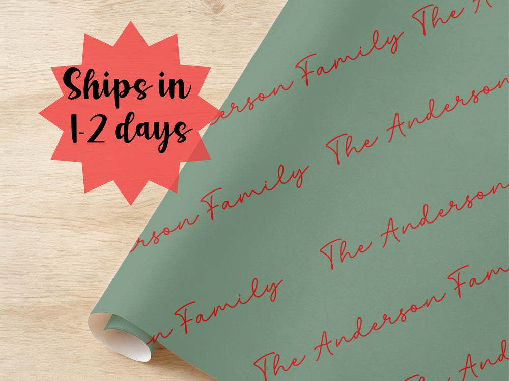 Custom Family Name Wrapping Paper Forest Green Christmas Gift Wrap Personalized Burgundy Custom Text Fast Shipping Holiday Festive Santa