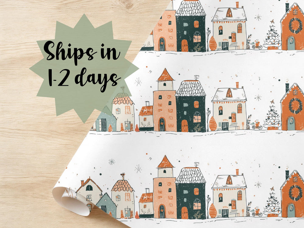 Whimsical Watercolor Wrapping Paper Hand Drawn Illustration Suburban Neighborhood Gift Wrap Christmas Theme Snow Warm Tone Birthday